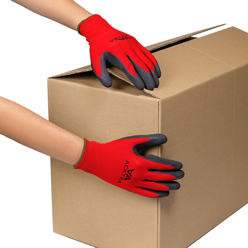 ACKTRA Coated Nylon Safety WORK GLOVES 12 Pairs, Knit Wrist Cuff, Multipurpose, for Men & Women, WG008 Red Polyester, Black Latex, Small - Image 2